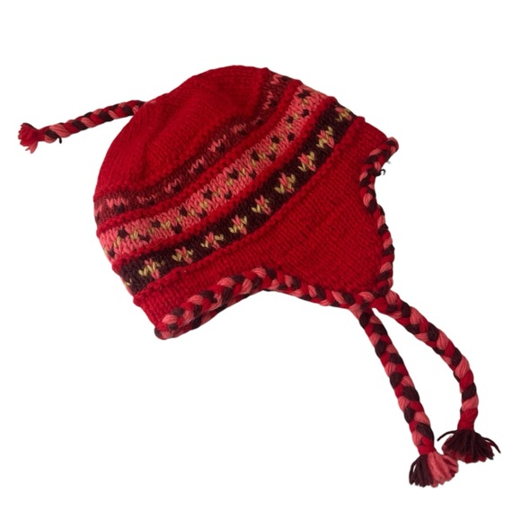 Women’s wool Turtle Fur fleece lined winter hat red and pink braided accents - Picture 2 of 11